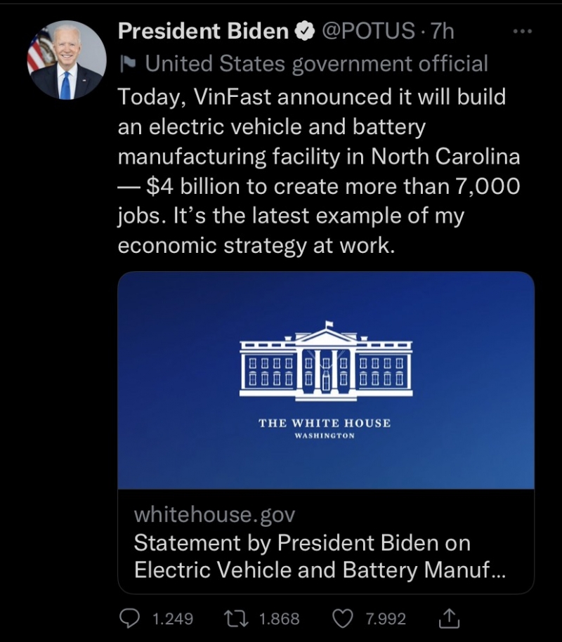 Bài viết về VinFast trên trang cá nhân Twitter của Tổng thống Mỹ Joe Biden