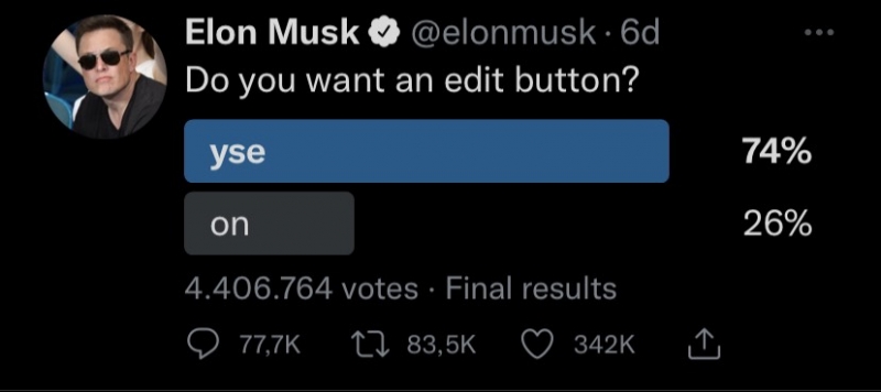 Dòng Tweet của Elon Musk về đề xuất nên hay không thêm 