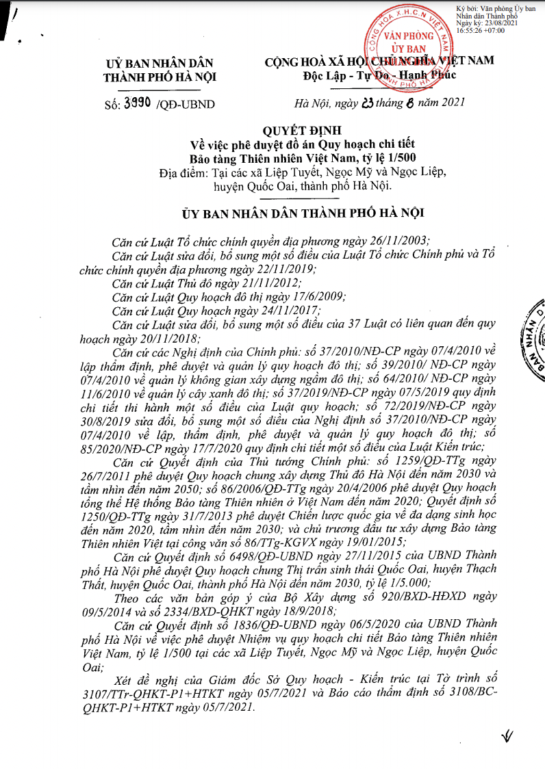 Quyết định số 3990/QĐ-UBND về việc phê duyệt đồ án Quy hoạch chi tiết Bảo tàng Thiên nhiên Việt Nam, tỷ lệ 1/500