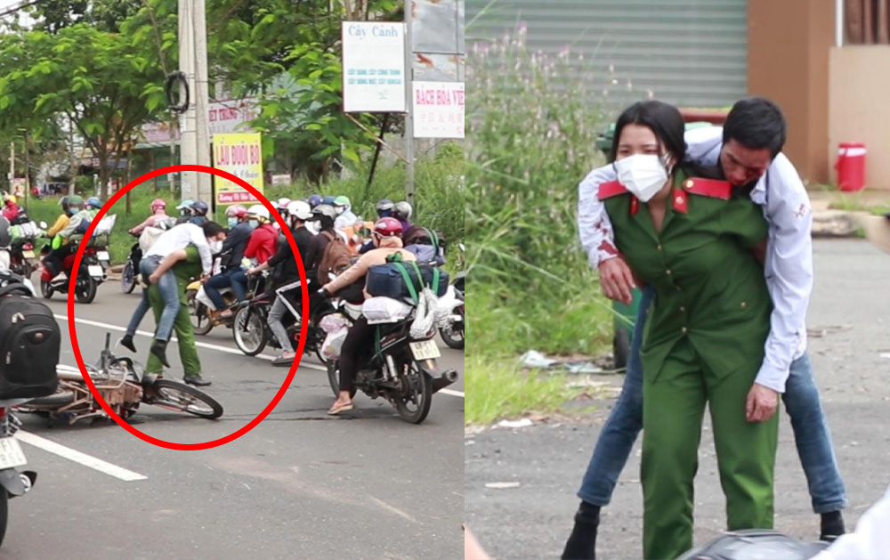 Xúc động khoảnh khắc nữ sinh trường cảnh sát cõng người đàn ông gặp tai nạn đi sơ cứu