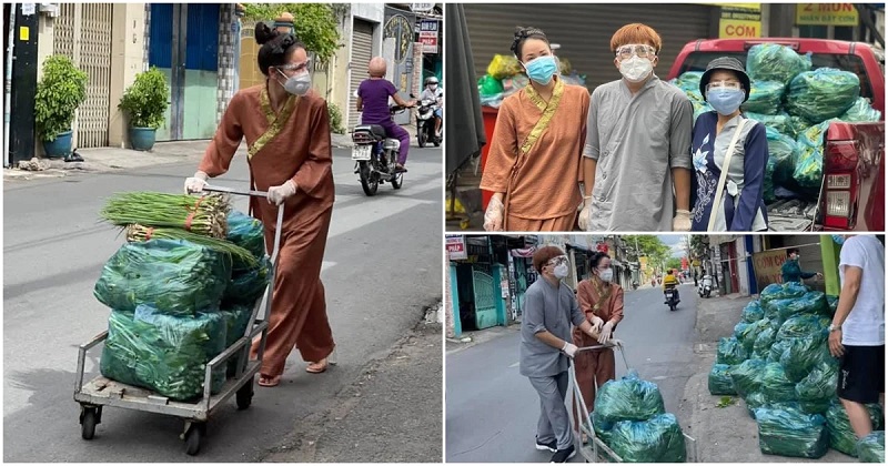 Ca sĩ Nhật Kim Anh cùng MC Đại Nghĩa đẩy xe rau tặng bà con cách ly