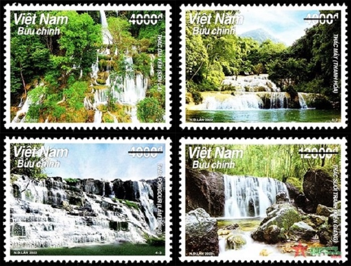 4 thác nước nổi tiếng nào được in trên bộ tem bưu chính 'Thác nước Việt Nam'?