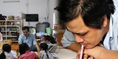 Lớp học miễn phí cho trẻ em nghèo của 'thầy giáo làng' khuyết tật viết chữ bằng miệng
