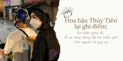 Hoa hậu Thùy Tiên mặc giản dị, đi xe máy tặng suất ăn miễn phí cho người vô gia cư