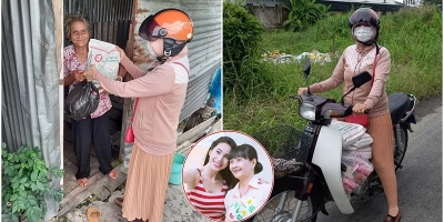 Mẹ ca sĩ Thủy Tiên chạy xe máy chở gạo, mì tôm đến từng nhà tặng quà người khó khăn
