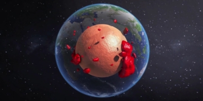 Trái đất bị tách vỏ, lõi bên trong xoay nghiêng như một quả cầu lỏng