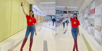 Đỗ Thị Hà 'nổi bần bật' tại sân bay Boston với áo cờ đỏ sao vàng, sẵn sàng nhập cuộc Miss World 2021
