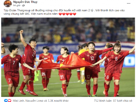 Bầu Thụy thưởng nóng 2 tỷ đồng cho đội tuyển nữ Việt Nam