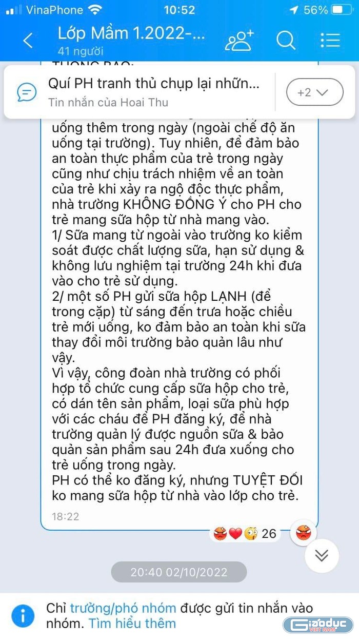Tin nhắn thông báo của Trường mầm non quận Tân Bình về việc không cho trẻ mang sữa vào trường (Ảnh: PHCC) gdvn-tinnhanmntb-5735