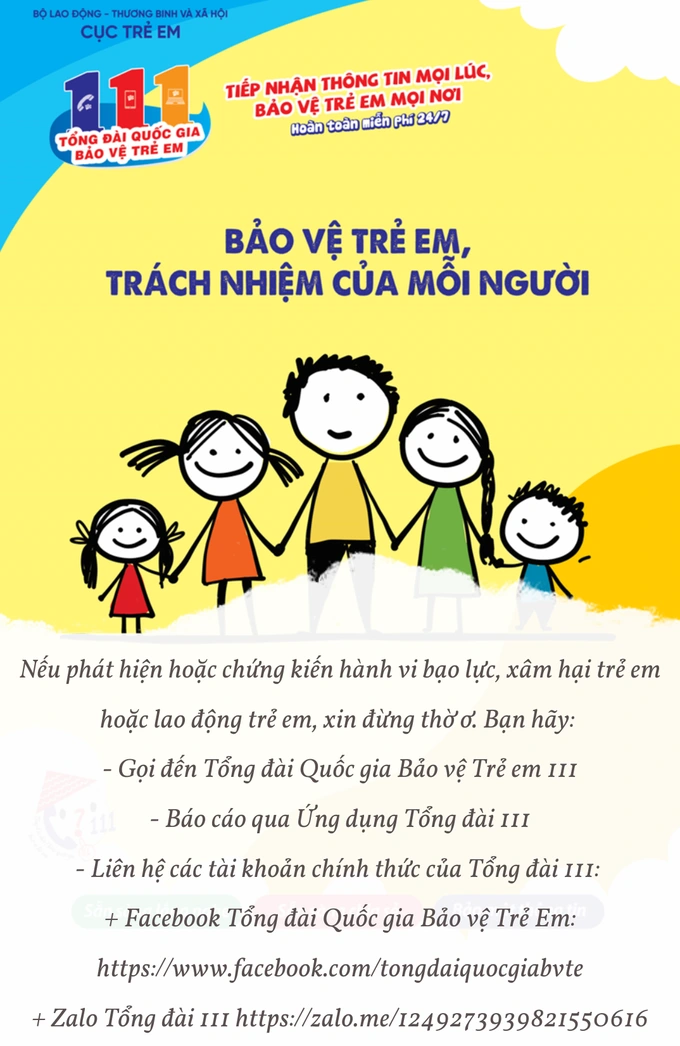 Hãy gọi Tổng đài 111 khi có vấn đề liên quan đến trẻ em (Ảnh: Tổng đài 111). bao-ve-tre-em